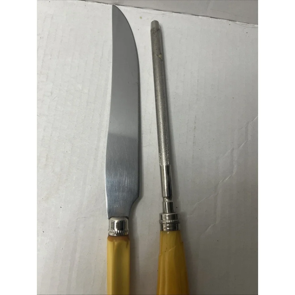 2 Vintage Butterscotch Bakelite Handle Carving Knife & Sharpener 12